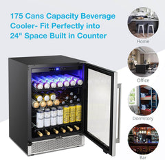 Antarctic Star 24 Inch Beverage Refrigerator Buit-in Wine Cooler  Clear Glass Door Digital Memory Temperature