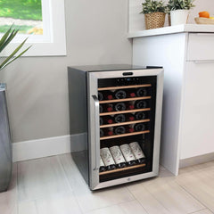 Whynter 34 Bottle Freestanding Stainless Steel Refrigerator with Display Shelf and Digital Control FWC-341TS